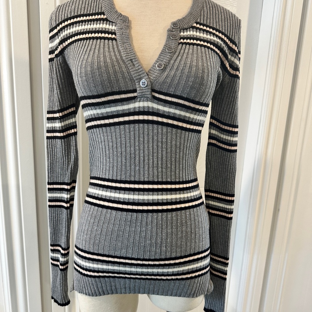 Suzy Shier Grey with Black, White and Pink Striped V-Neck Sweater